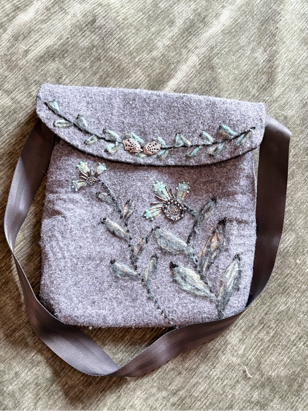 Hand made, hand felted Embroidered and beaded grey Felt bag
